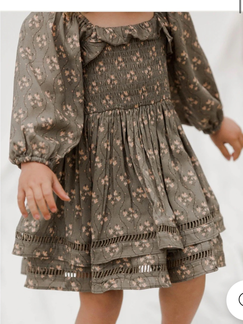Noralee Girls Elodie Dress in Pine Floral Smocked Olive green Dress Ruffle Neck